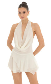 Draped Plunge Neck Dress in White