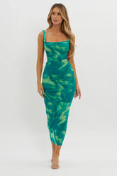 Dream Crush Lace-Up Back Side Split Maxi Dress Swirl Green