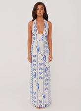 Sky Linen Maxi Dress - Floral Wave