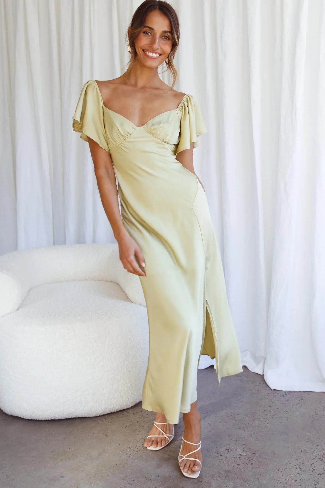 Park Avenue Flutter Sleeve Side Split Midi Dress Matcha